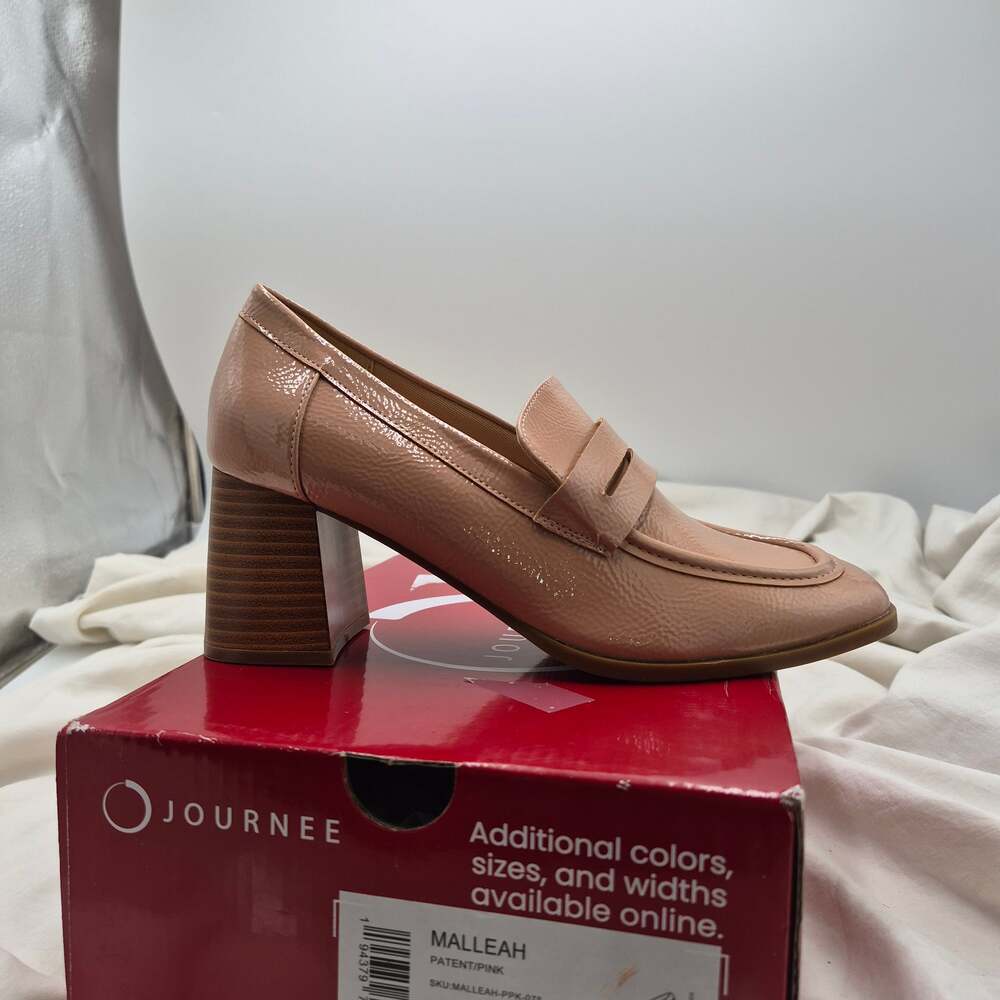 NEW Journee Malleah Block Heel Loafer Patent Pink Heel Loafer Pumps Size 7.5